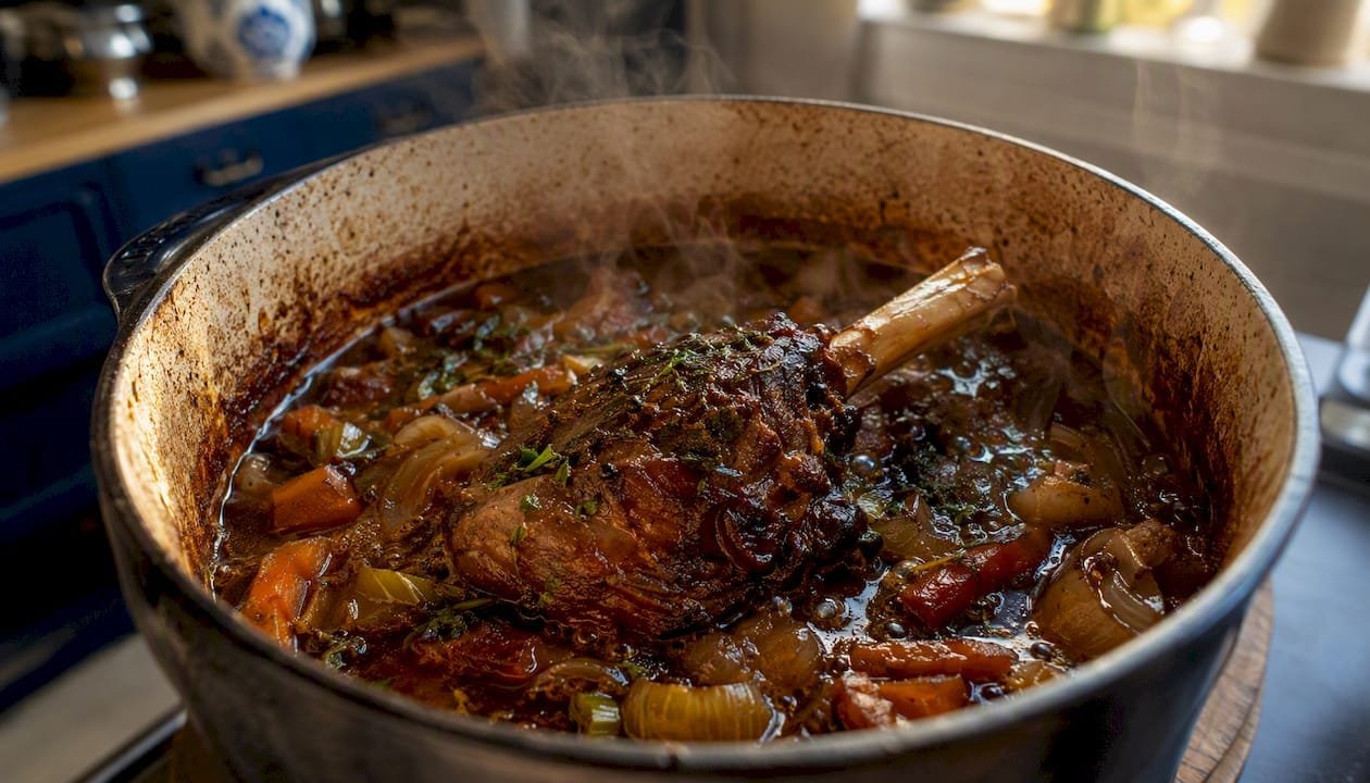 Lamb shank slow braising in pot