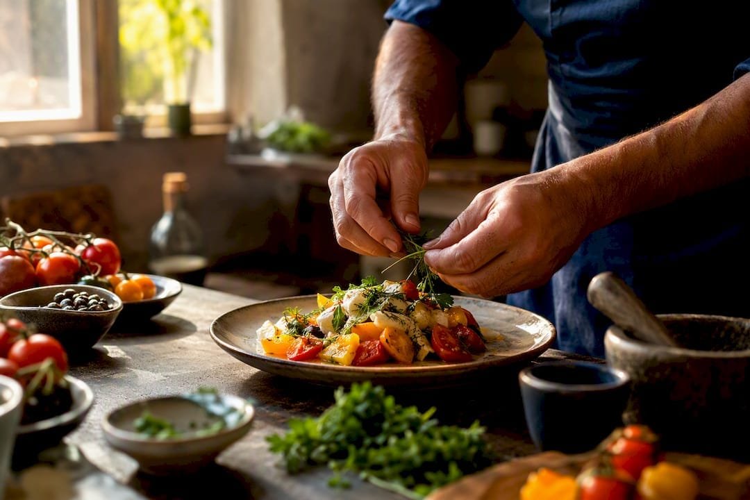 Chef hands plating Mediterranean dish