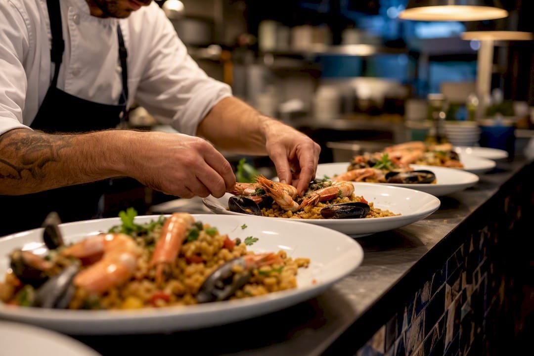 Chef hands plating dishes rapidly