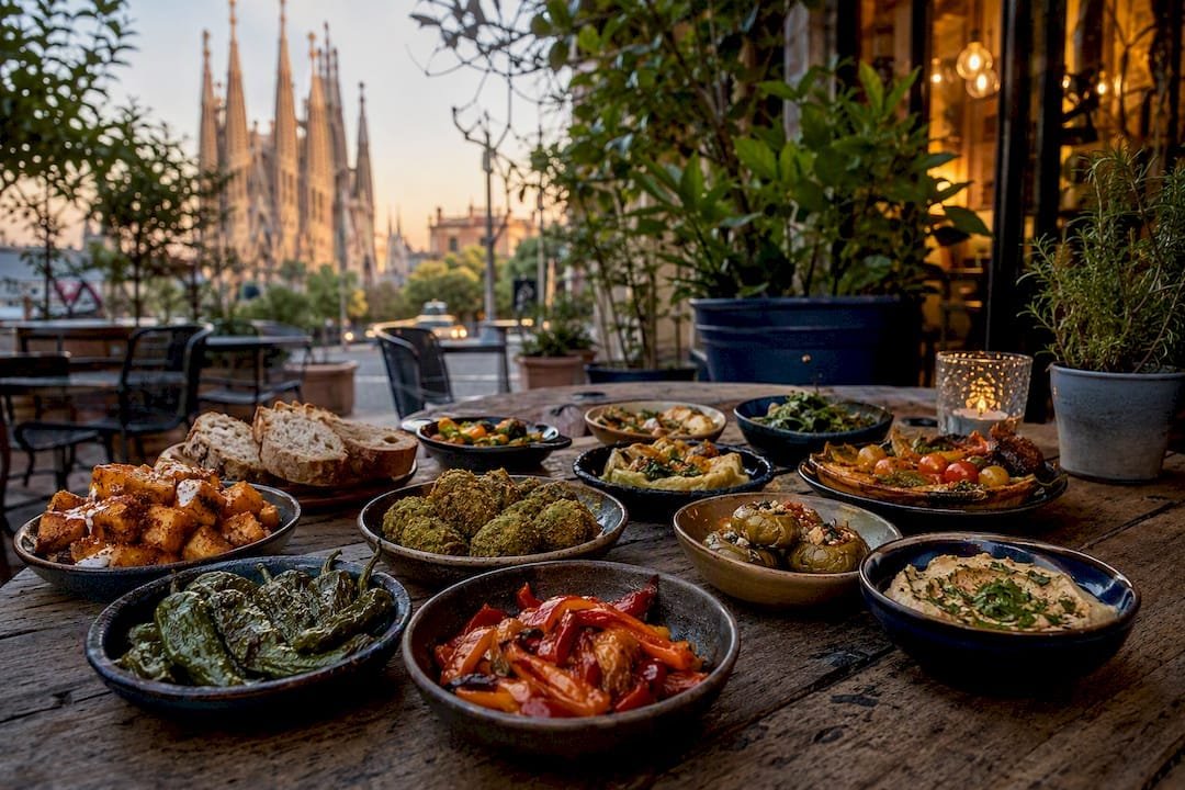 Varied vegetarian tapas spread on wooden table