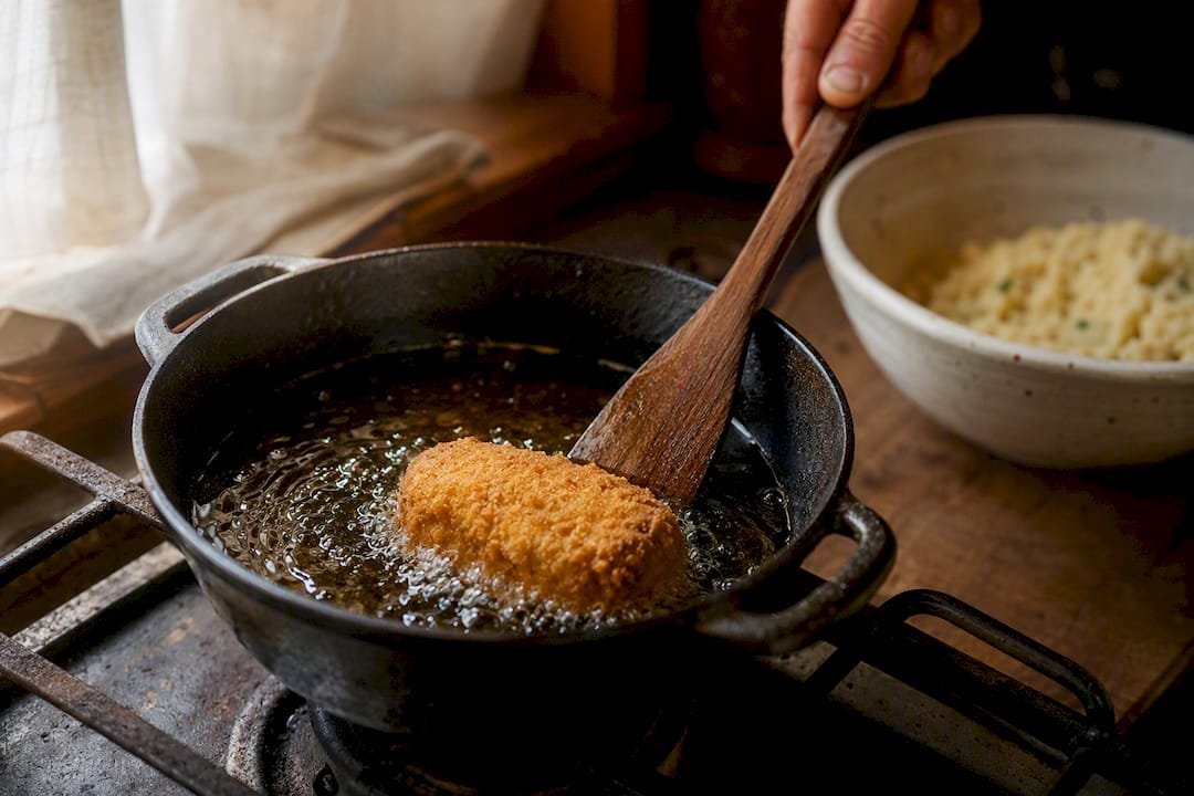 Croqueta frying in hot oil close-up