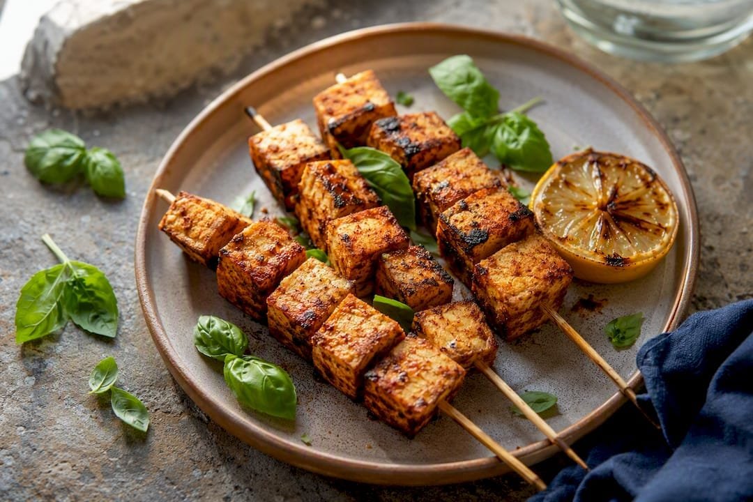 Grilled marinated tofu skewers close-up