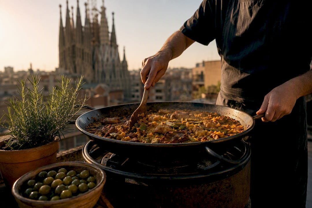Paella sin marisco cooking in pan near Sagrada Familia