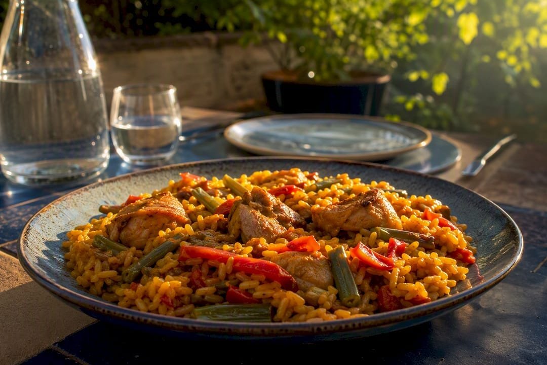 Close-up of paella sin marisco with clear ingredients
