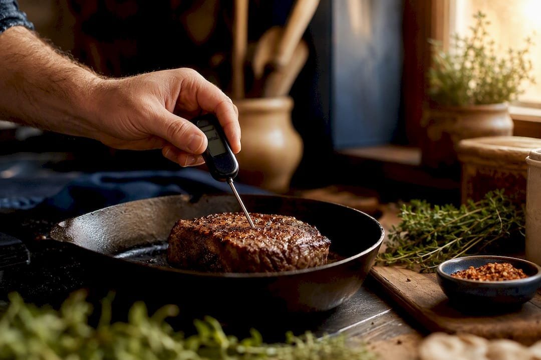 Chef checking steak temperature with digital thermometer