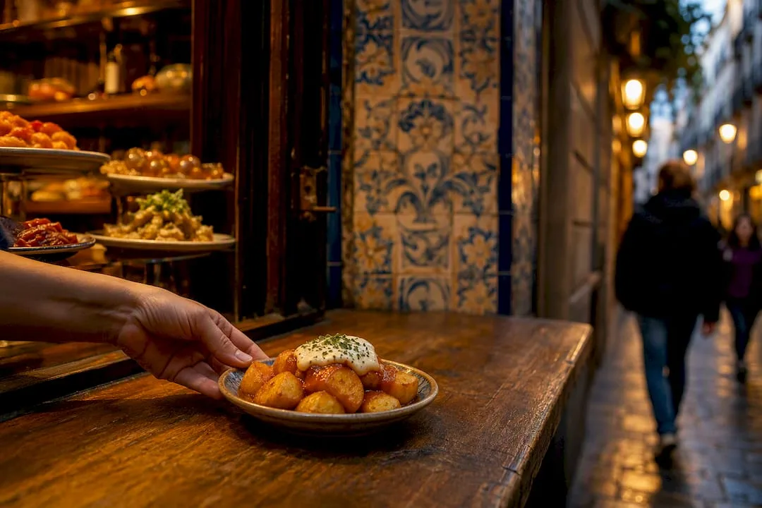 Tapas bar counter and street in Born