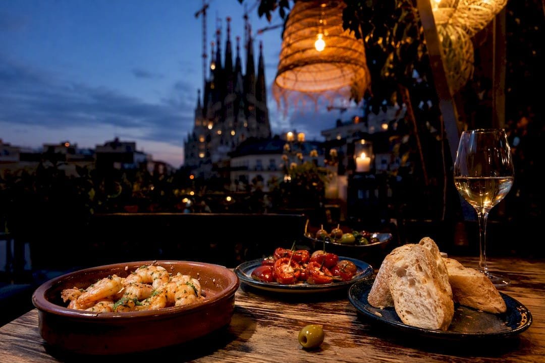 Tapas and outdoor terrace at night