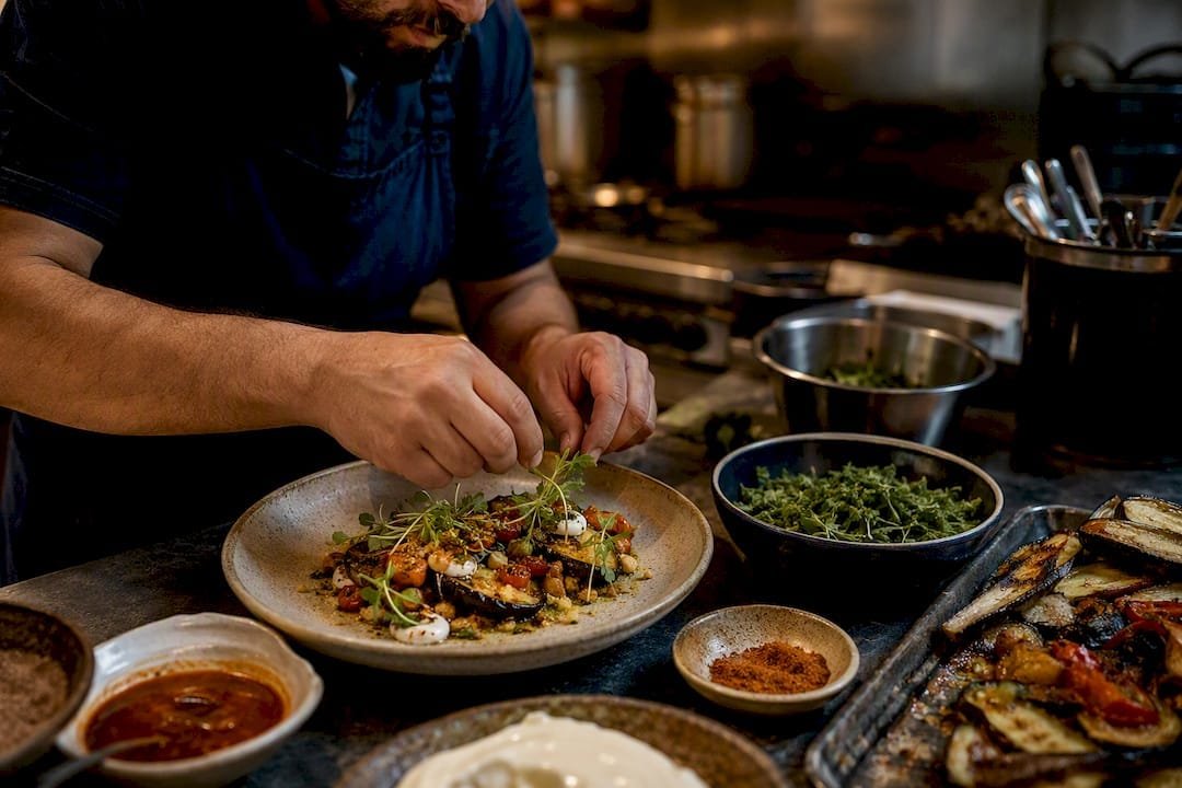 Chef plating fusion dish in Raval kitchen