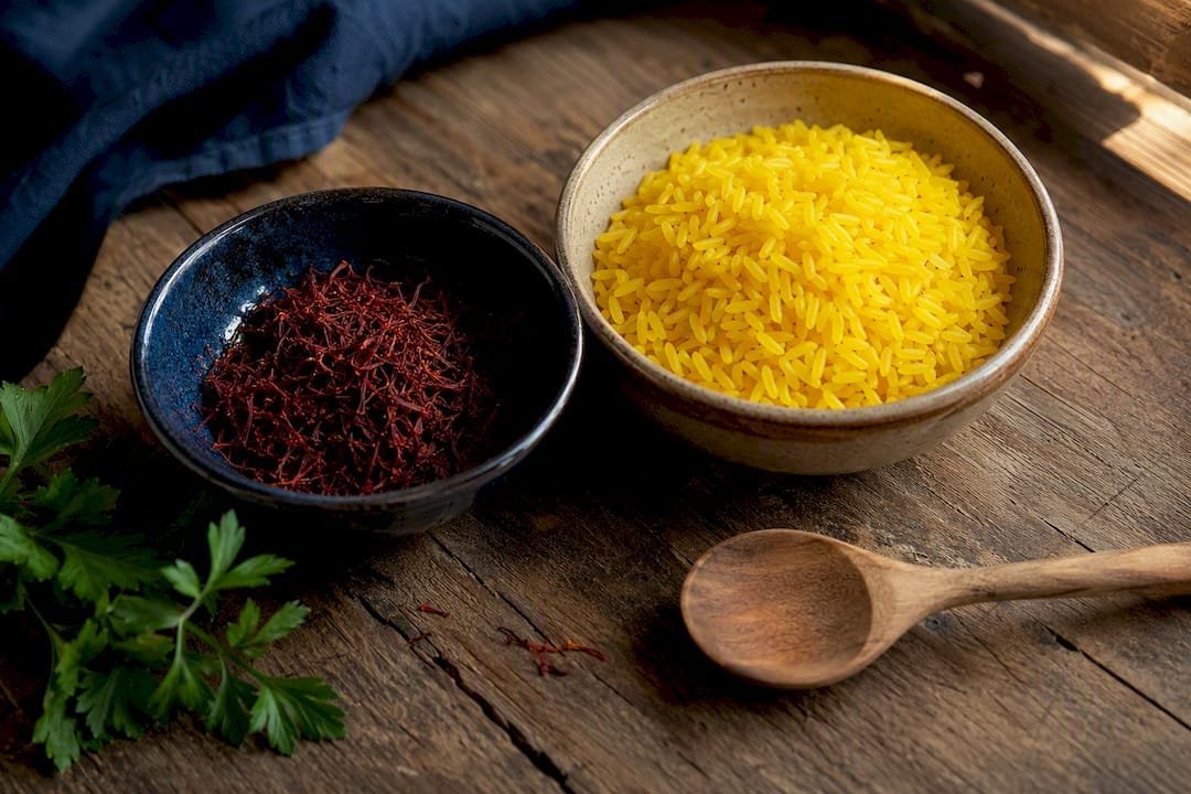 Saffron threads and dyed yellow rice comparison