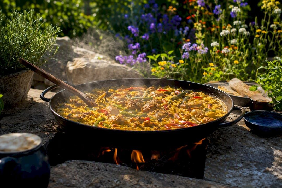 Wide paella pan cooking over open fire in rustic outdoors