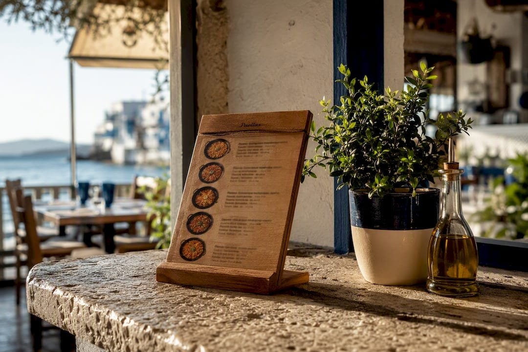 Menu board listing paella varieties