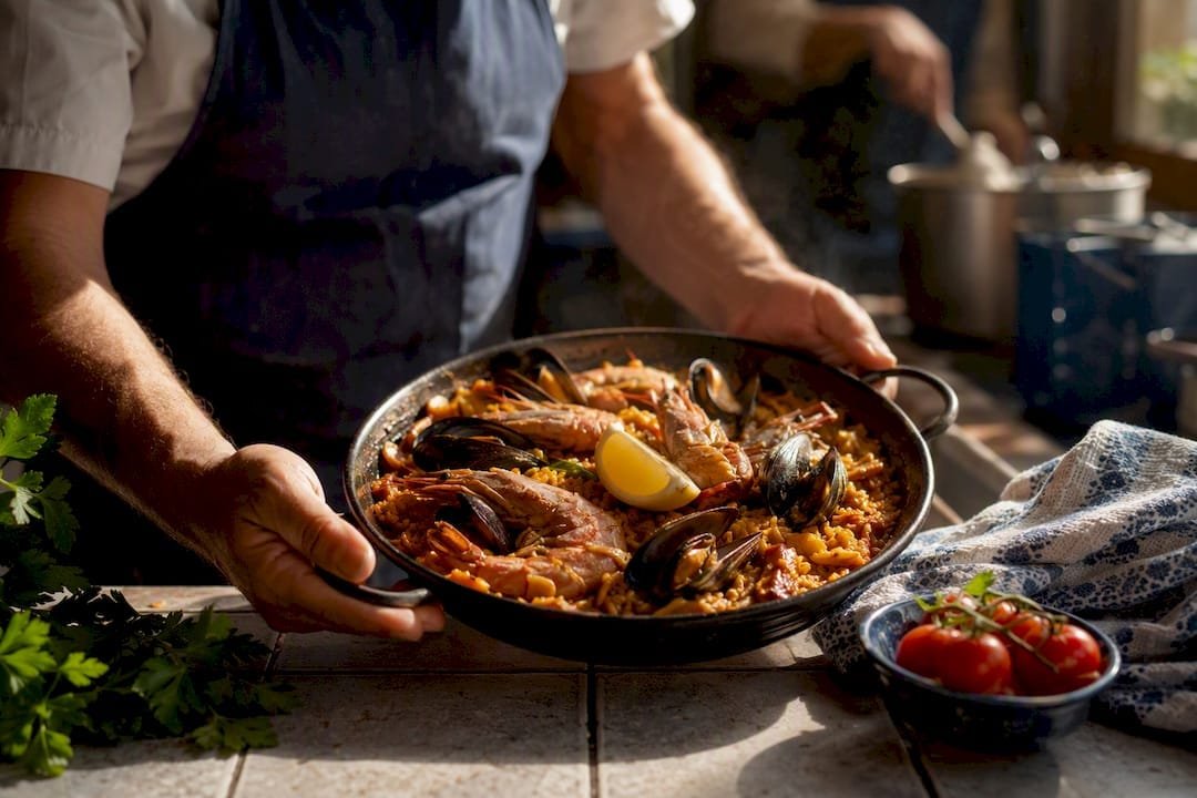 Single-serving seafood paella in individual pan