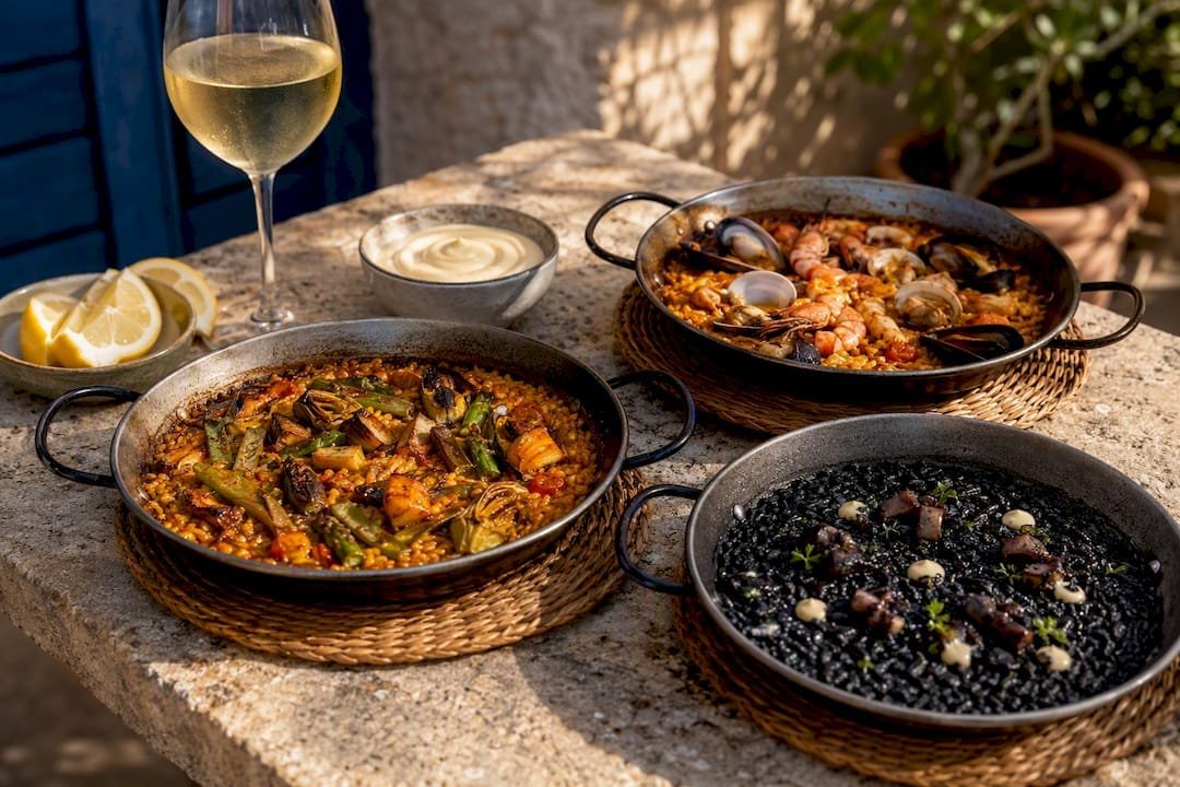 Three varieties of single-serving paella in individual pans